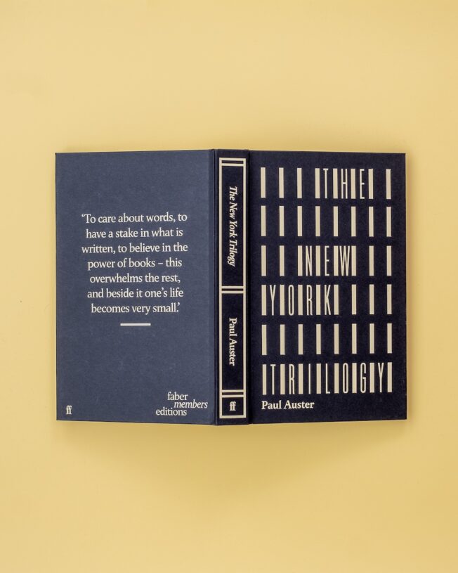 Faber Members Edition of Paul Auster's New York Trilogy on a pale yellow background Faber Members Edition of Paul Auster's New York Trilogy on a pale yellow background